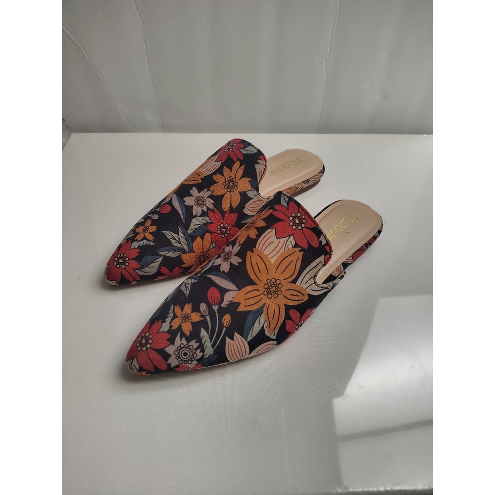 TILOCOW Womens Floral Pointed Toe Mules Slip On Flats Multi Color Size 8